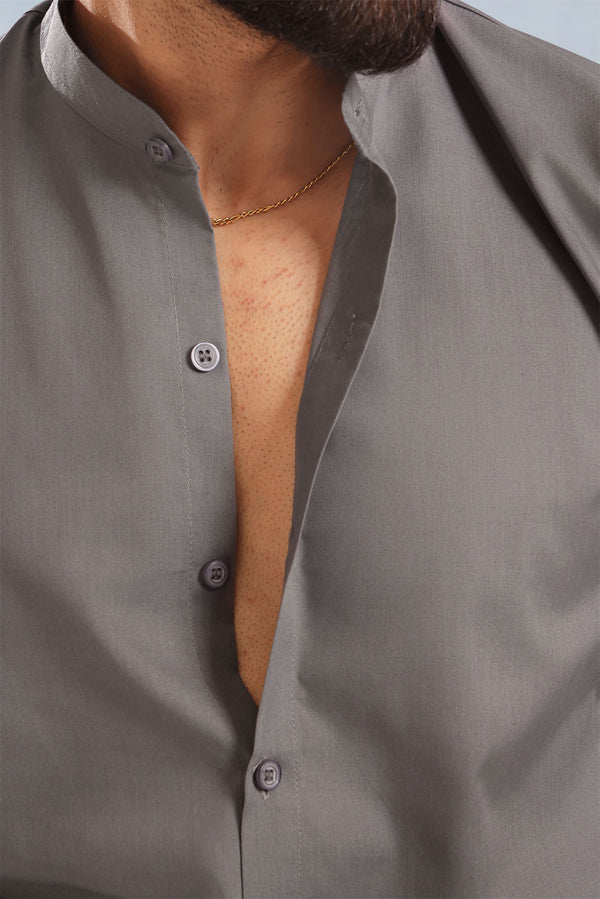 Dark Grey Cotton With Stand-Up Collar Shirt