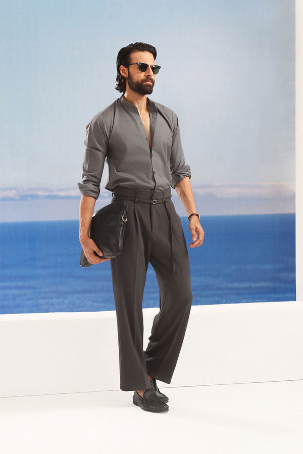 Dark Grey Cotton With Stand-Up Collar Shirt