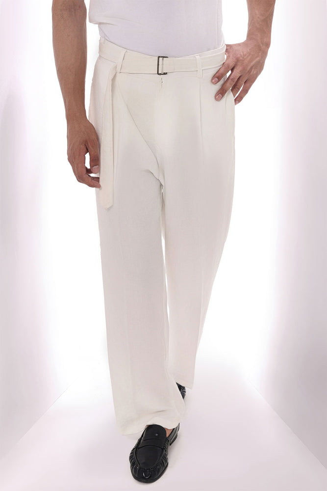 White Viscose Linen Wide Leg Trousers With Belt Detail