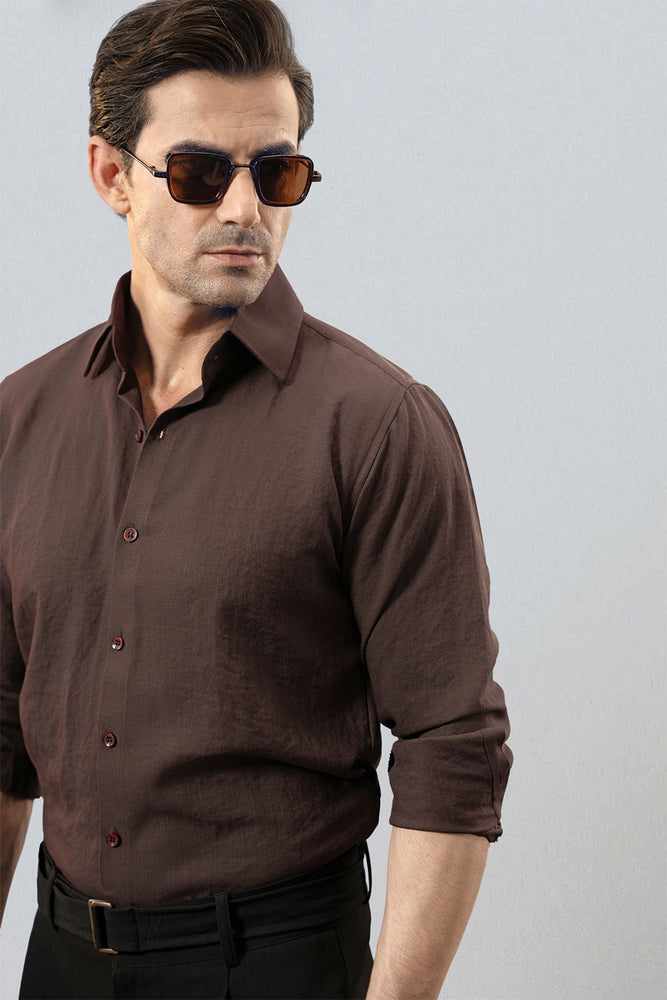 Brown Premium Viscose Linen Shirt With Cutaway Collar