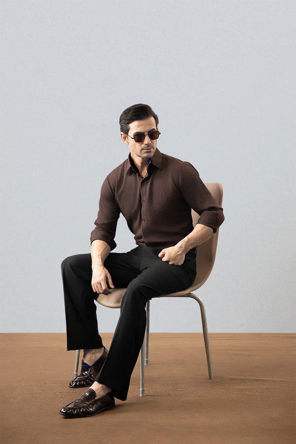 Brown Premium Viscose Linen Shirt With Cutaway Collar