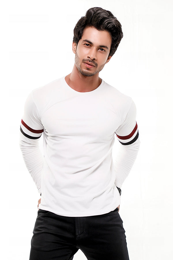 White Contrast Full Sleeve Stripe T-Shirt