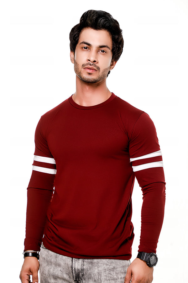 Maroon Contrast Full Sleeve Stripe T-Shirt