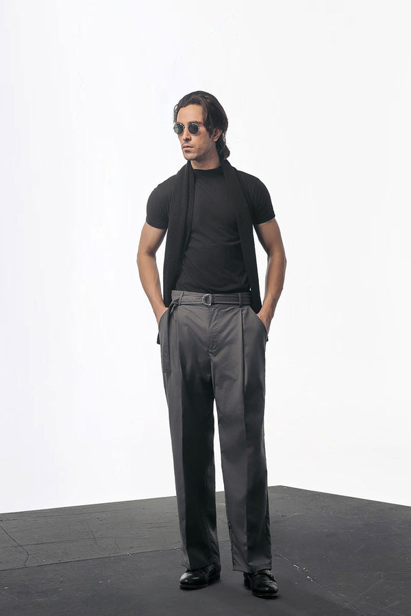 Charcoal Relaxed Fit Pleated Trouser With Belt