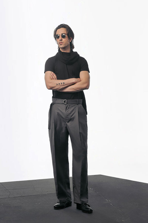 Charcoal Relaxed Fit Pleated Trouser With Belt