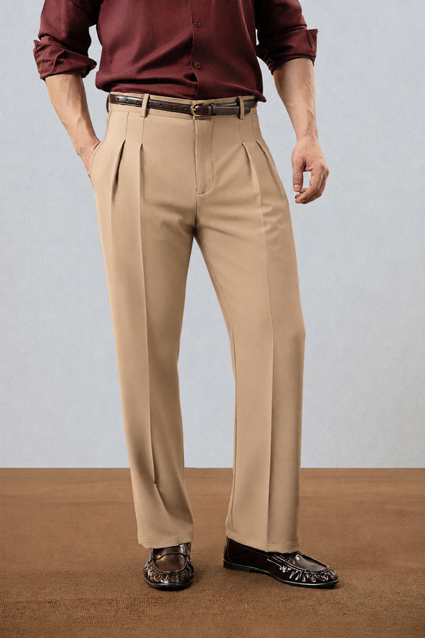 Camel Double Pleated Premium Viscose Trousers