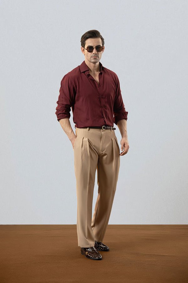 Camel Double Pleated Premium Viscose Trousers
