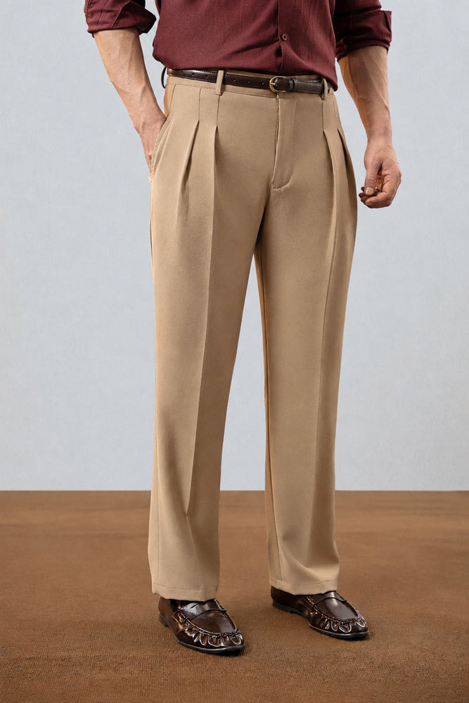 Camel Double Pleated Premium Viscose Trousers