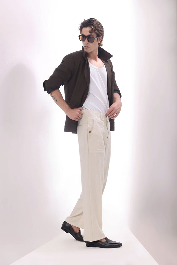Beige Ashby Viscose Linen Wide-Leg Trousers