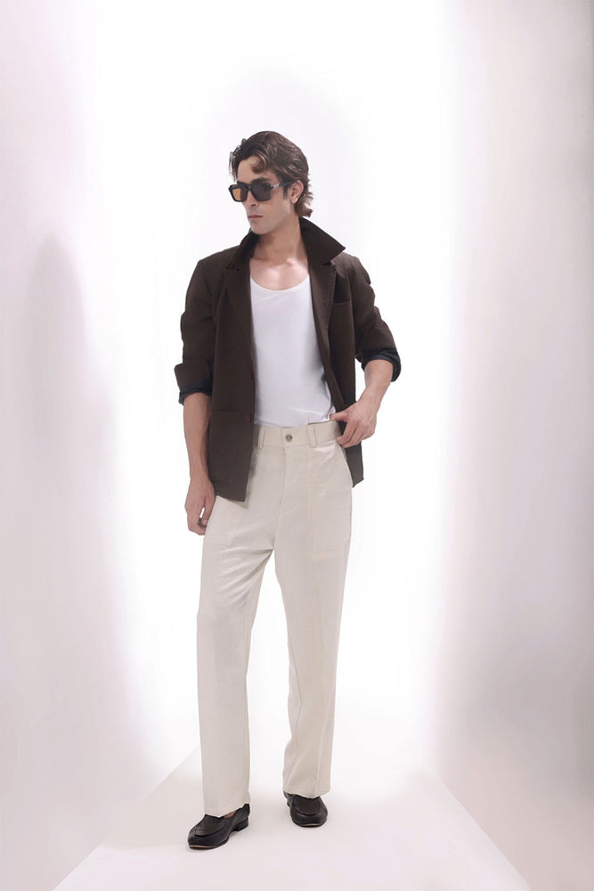 Beige Ashby Viscose Linen Wide-Leg Trousers