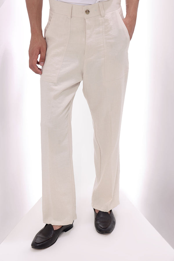 Beige Ashby Viscose Linen Wide-Leg Trousers