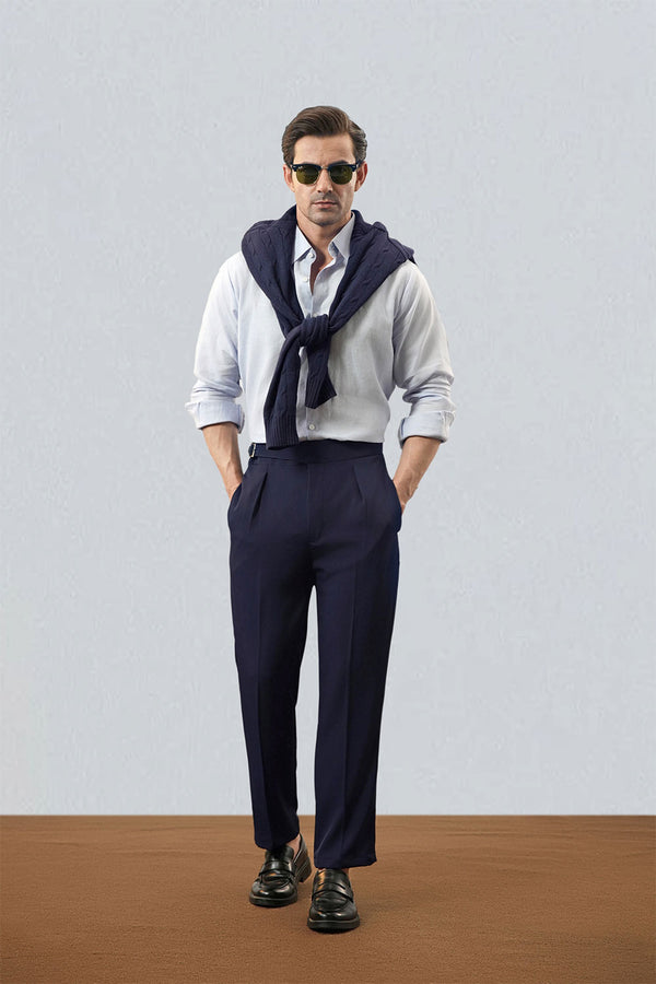 Premium Navy Viscose Classic Buckle Gurkha Pants