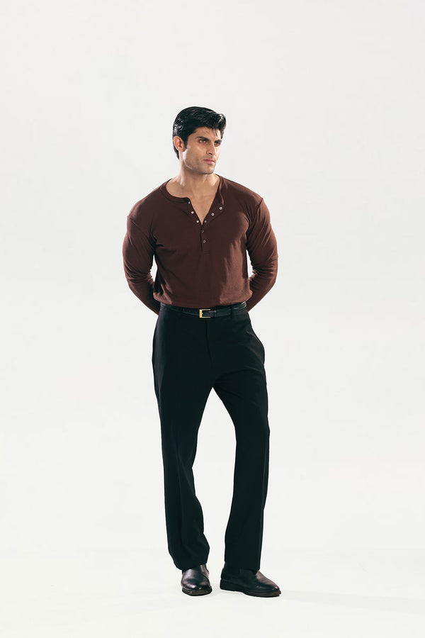 Brown Ribbed Snap-Button Henley