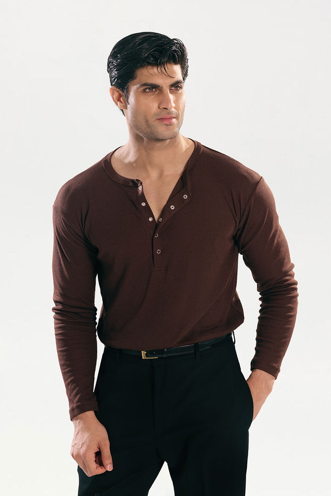 Brown Ribbed Snap-Button Henley