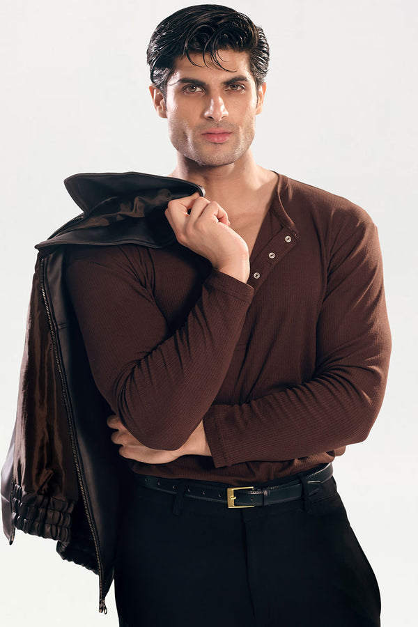 Brown Ribbed Snap-Button Henley