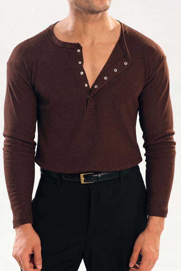 Brown Ribbed Snap-Button Henley
