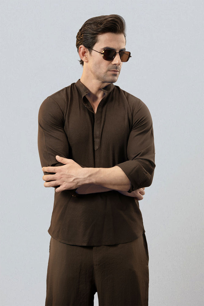 Brown Linen Half Placket Henley Shirt