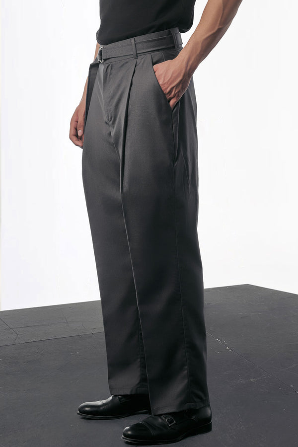 Charcoal Relaxed Fit Pleated Trouser With Belt