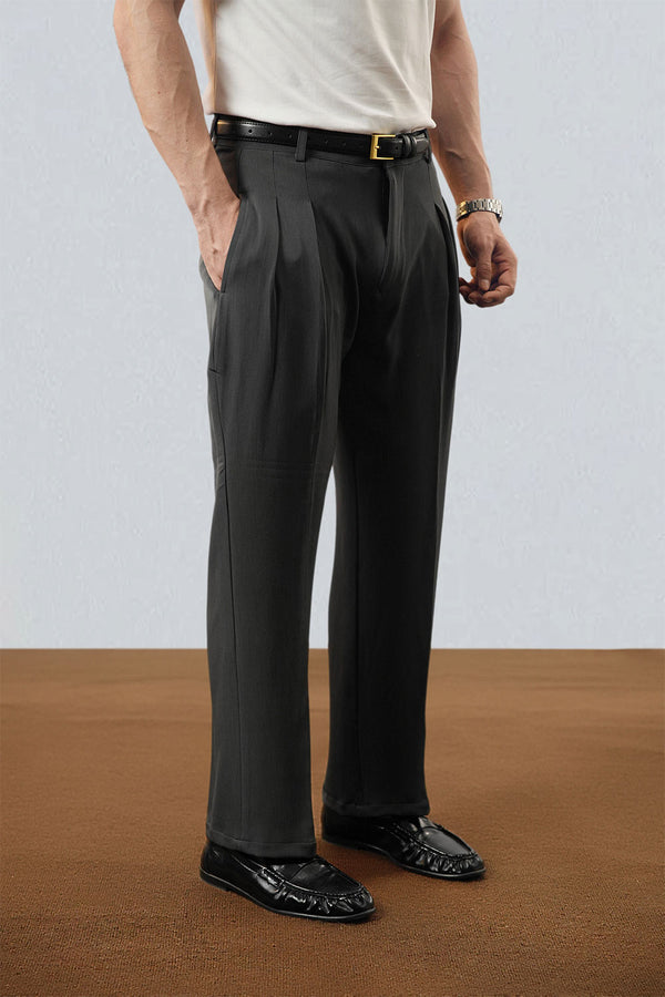 Dark Grey Double Pleated Premium Viscose Trousers