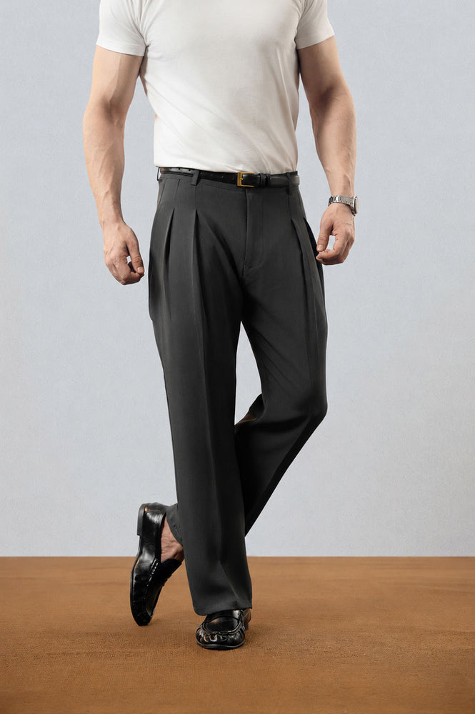 Dark Grey Double Pleated Premium Viscose Trousers