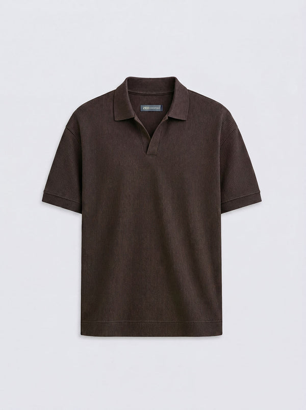 Brown Plisse Johnny Collar Polo