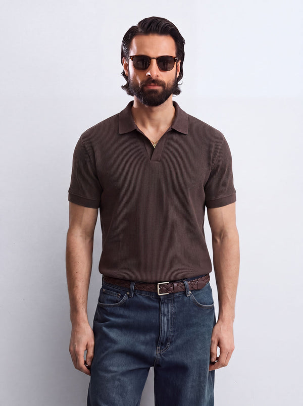 Brown Plisse Johnny Collar Polo