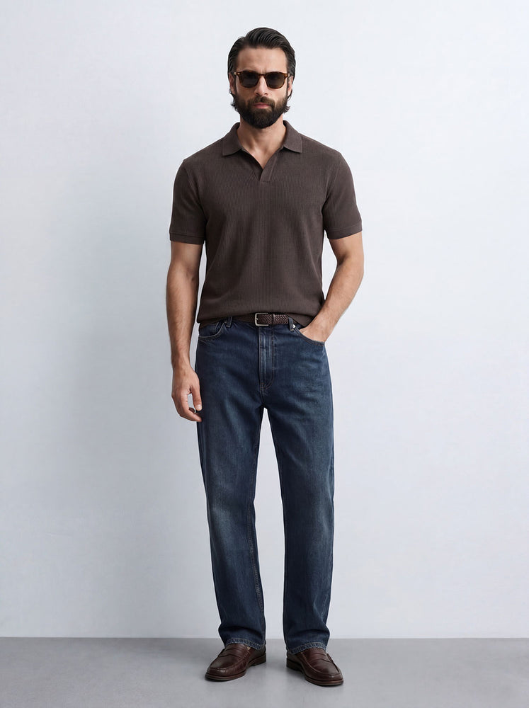 Brown Plisse Johnny Collar Polo