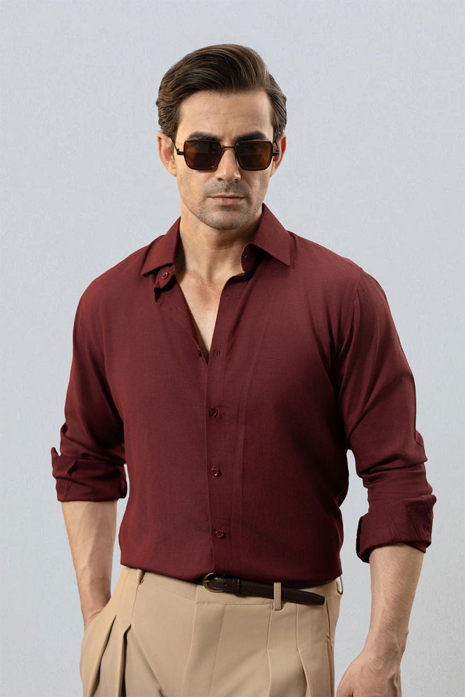 Maroon Relaxed Linen Shirt With Cutaway Collar
