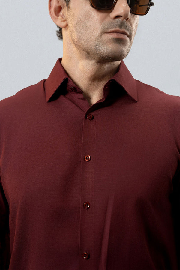 Maroon Relaxed Linen Shirt With Cutaway Collar