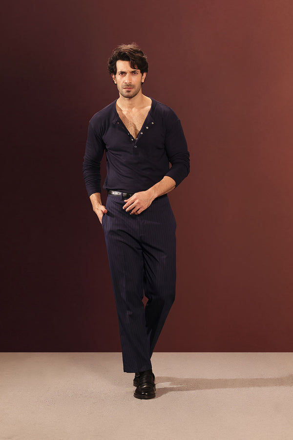 Midnight Navy Ribbed Snap-Button Henley