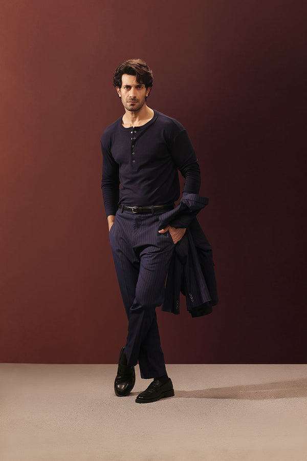 Midnight Navy Ribbed Snap-Button Henley