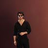 Black Collarless Half-Placket Linen Shirt