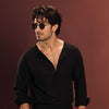 Black Collarless Half-Placket Linen Shirt