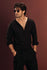 Black Collarless Half-Placket Linen Shirt