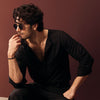 Black Collarless Half-Placket Linen Shirt