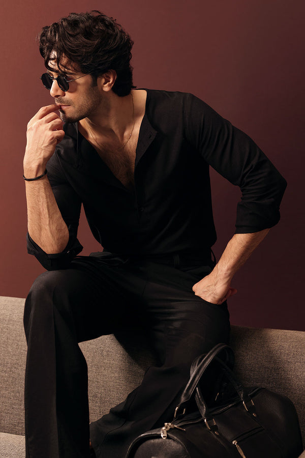 Black Collarless Half-Placket Linen Shirt
