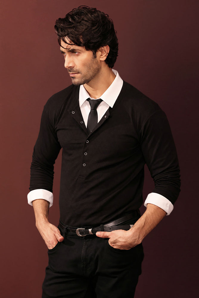 Black Ribbed Snap-Button Henley