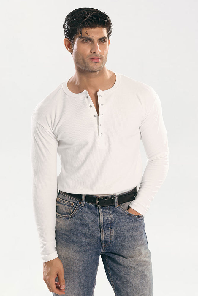 White Ribbed Snap-Button Henley