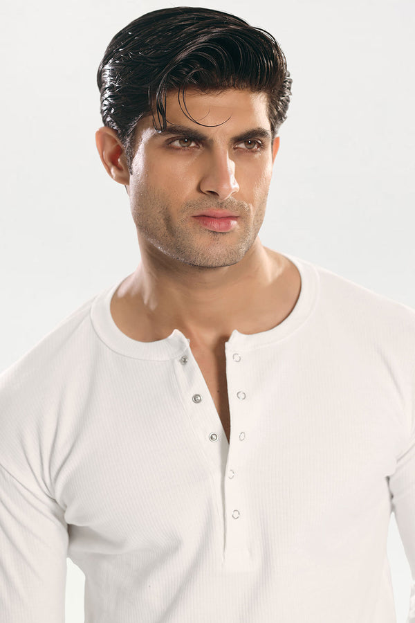 White Ribbed Snap-Button Henley