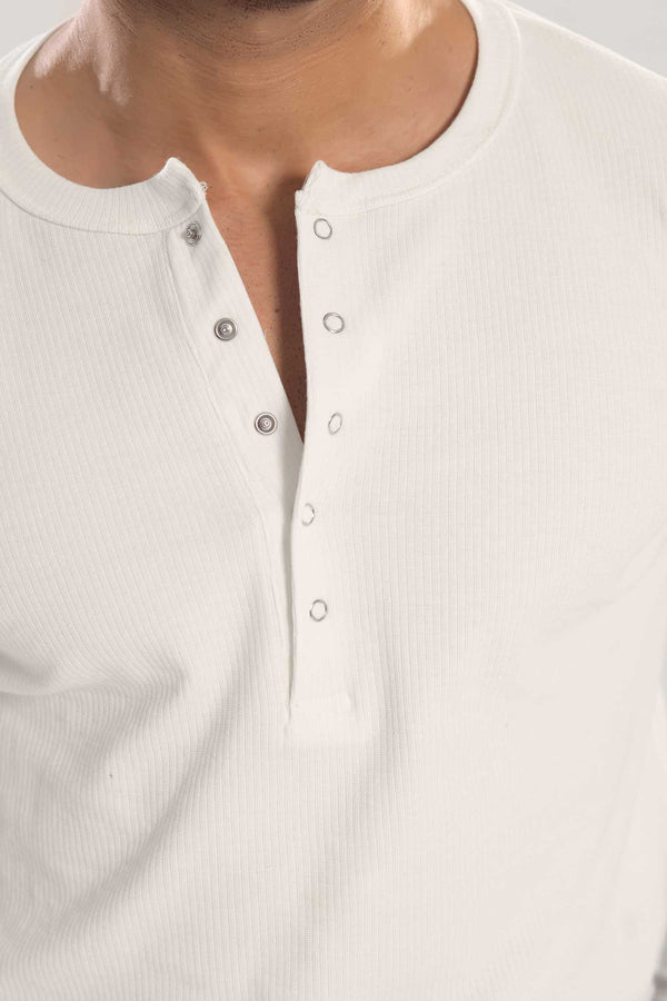 White Ribbed Snap-Button Henley