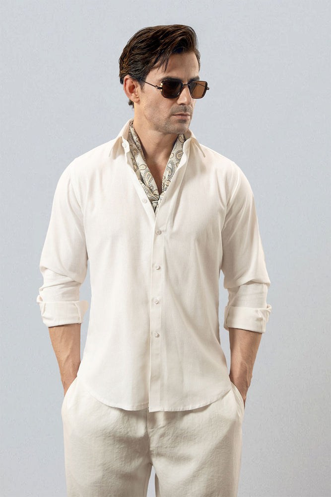 White Relaxed Linen Shirt With Cutaway Collar