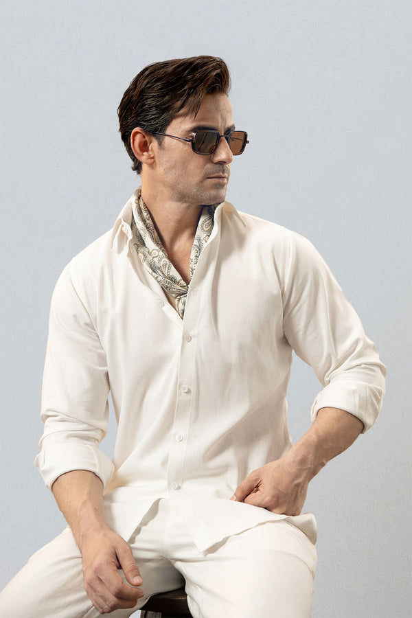 White Relaxed Linen Shirt With Cutaway Collar