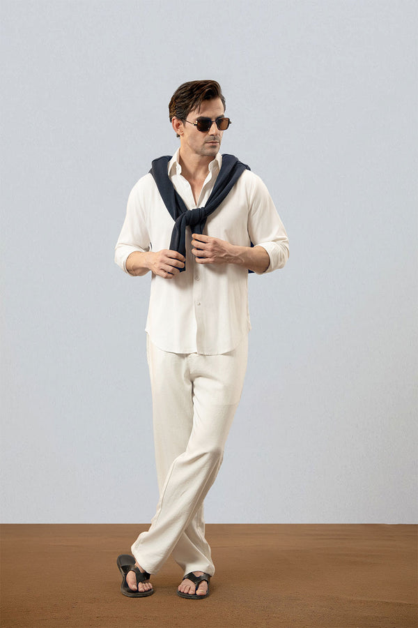 White Relaxed Linen Shirt With Cutaway Collar