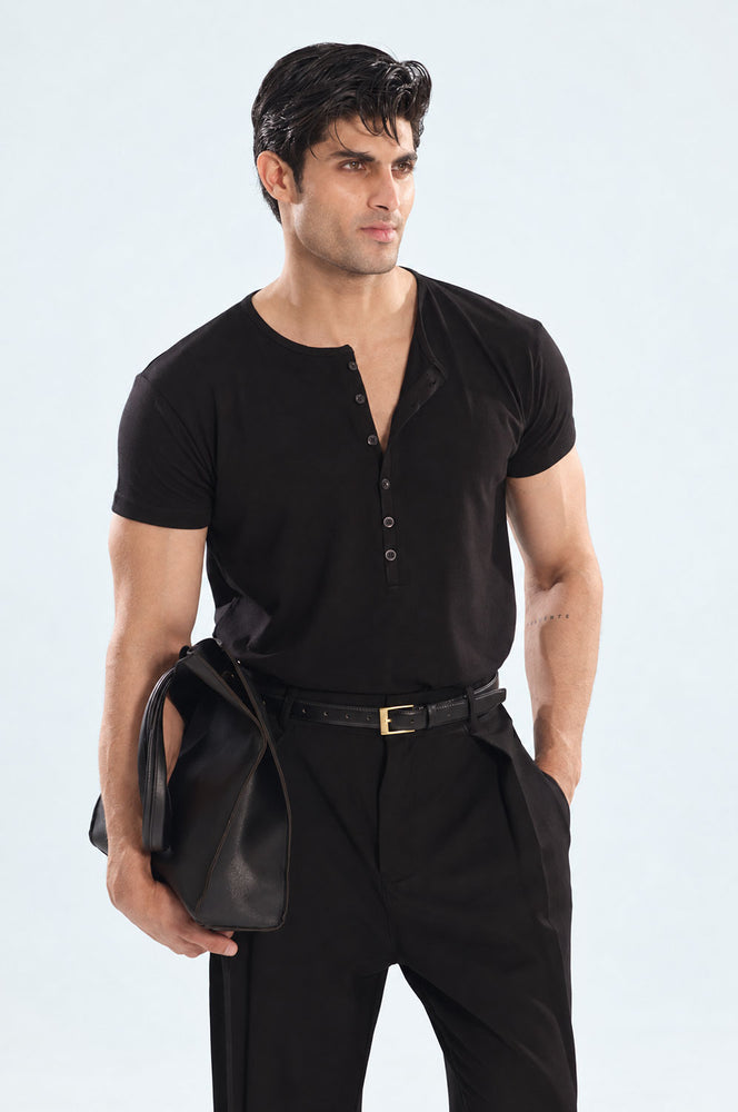 Black Muscle Fit Six Button Henley Tshirt