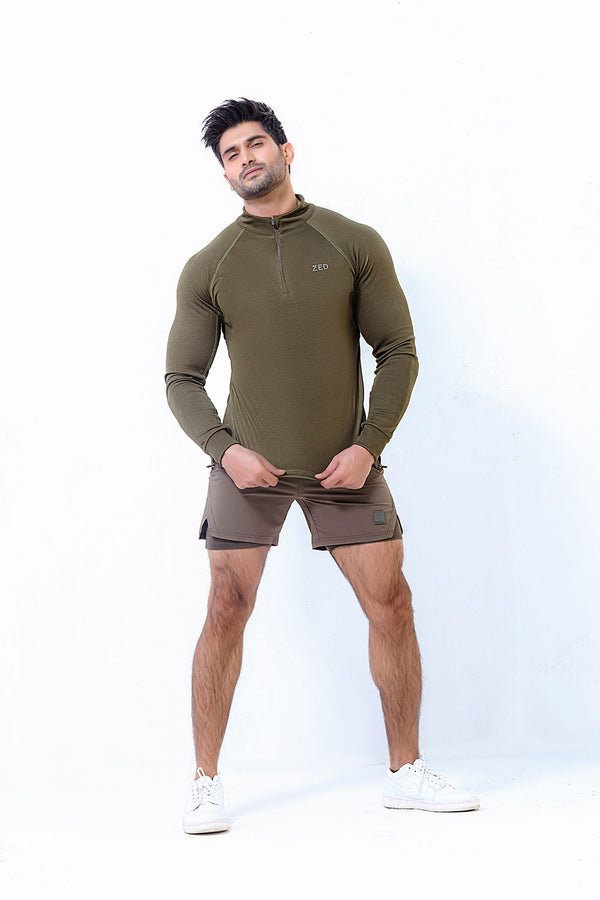 Green Muscle Fit Long Sleeve Running T-shirt With 1/4 Zip