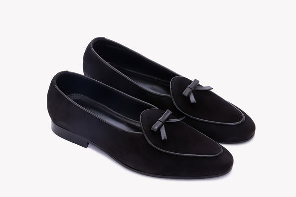 Super Low Black Bow Tie Suede Loafer