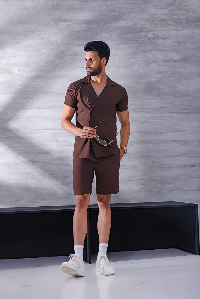 Brown Short Sleeve Collar Wrap Front Shirt and Shorts Twin Set