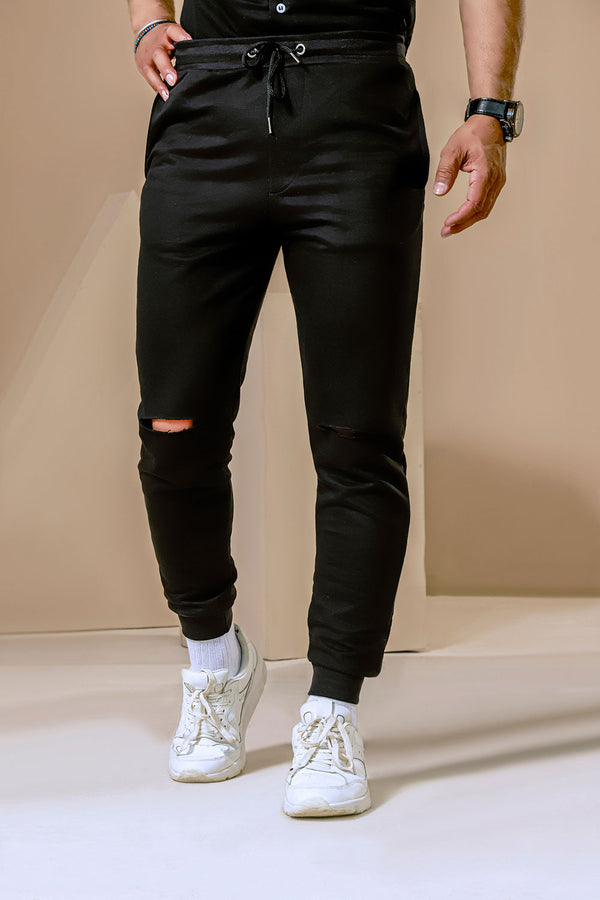 Black Jogger With Knee Rip Detail