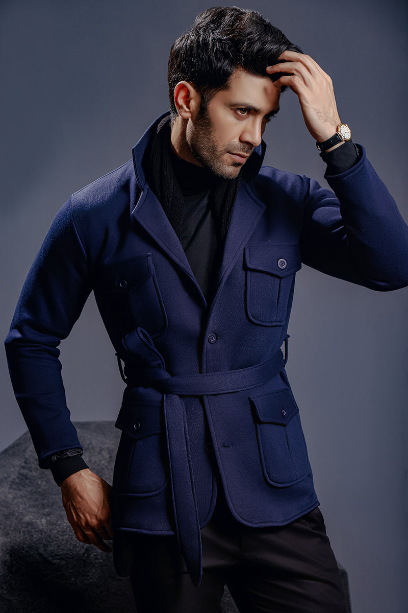 Navy Blue Belted Safari Jacket ZED
