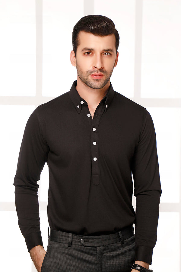 Black High Collar Mid Placket Shirt